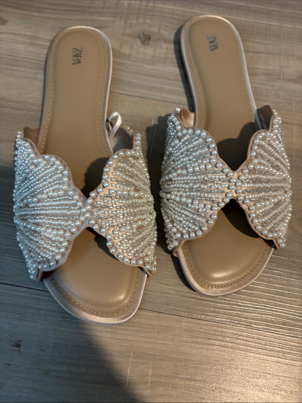 Zara Nude Pearl-Embellished Slide Sandals
